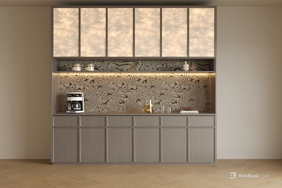 Modern Elegant Sideboard With Glass Door Upper Cabinets Patterned Backsplash And Countertop Coffee Machine 3d model