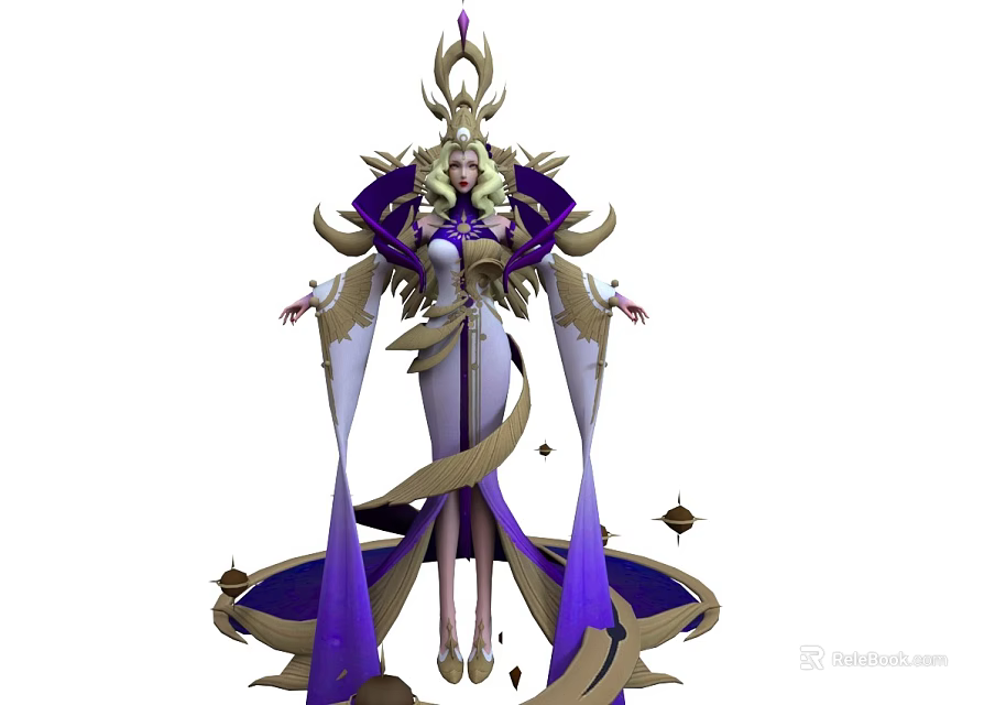 Woman In Elaborate Purple And Gold Robe With Intricate Headdress And Flowing Ribbons 3d model 