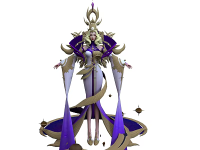 Woman In Elaborate Purple And Gold Robe With Intricate Headdress And Flowing Ribbons 3d model