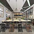 Modern Restaurant With Geometric Ceiling Design Pendant Lights Open Kitchen Dining Tables Chairs And Plants