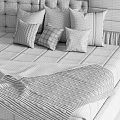 Modern Double Bed With Ribbed Headboard Multiple Gray White Dark Pillows And Navy Blue Blanket 3d model