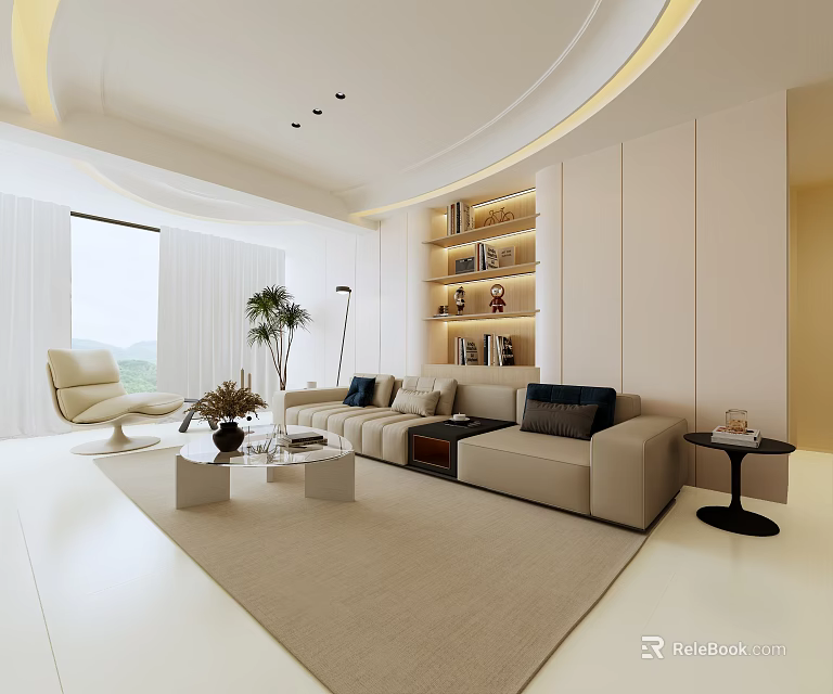 Modern Living and Dining Room Interior With Beige Sofa Bookshelf And Area Rug 3d model 