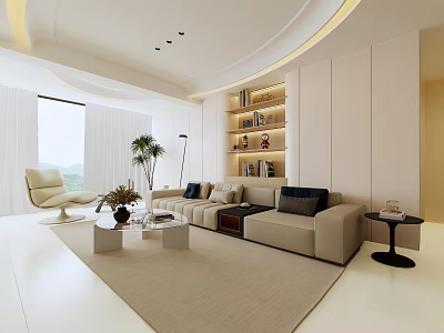 Modern Living and Dining Room Interior With Beige Sofa Bookshelf And Area Rug 3d model