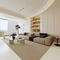 Modern Living and Dining Room Interior With Beige Sofa Bookshelf And Area Rug
