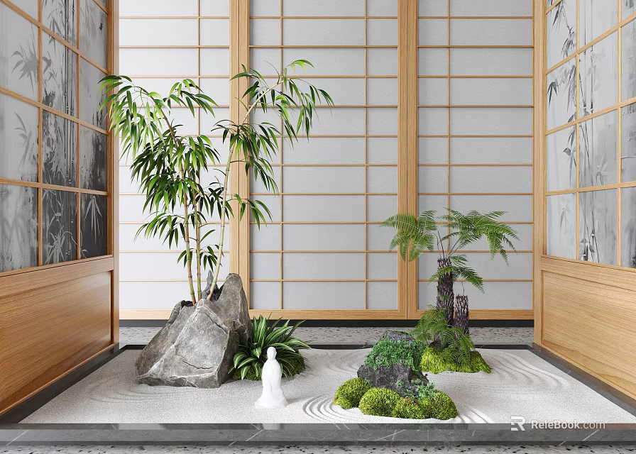 Serene Japanese Style Indoor Landscape With Bamboo Stones Moss And Wooden Shoji Doors 3d model 