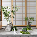 Serene Japanese Style Indoor Landscape With Bamboo Stones Moss And Wooden Shoji Doors