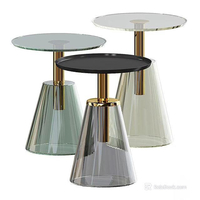 Modern Side Tables With Transparent Glass Base Black Tabletop And Golden Stand 3d model 