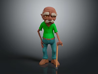 Elderly Man Character in Green Polo Shirt and Blue Pants with Walking Cane 3d model