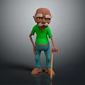 Elderly Man Character in Green Polo Shirt and Blue Pants with Walking Cane