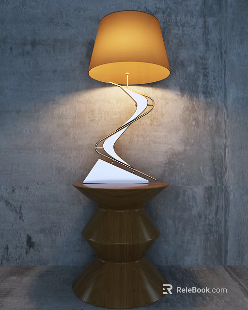 Modern Spiral Table Lamp With Wooden Base And Yellow Lampshade On Gray Wall 3d model 