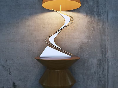 Modern Spiral Table Lamp With Wooden Base And Yellow Lampshade On Gray Wall 3d model