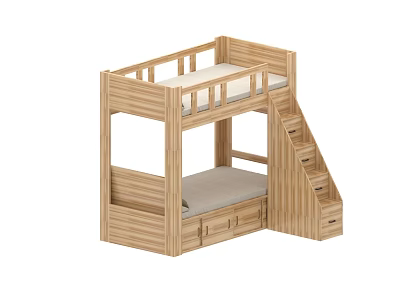 Wooden Bunk Bed With Stairs And Storage Drawers For Kids Bedroom 3d model