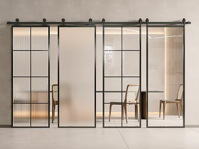 Modern Sliding Doors With Black Frame And Glass Panels Partitioning Interior Space With Wooden Chairs 3d model