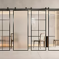 Modern Sliding Doors With Black Frame And Glass Panels Partitioning Interior Space With Wooden Chairs