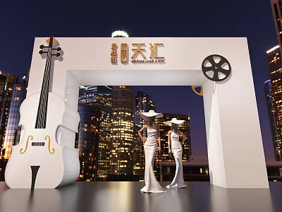 Tianhui Event Gate With Cello Film Reel And Models In City Night View 3d model