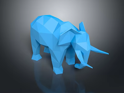 Blue Low Poly Elephant Sculpture with Geometric Design and Reflective Surface 3d model