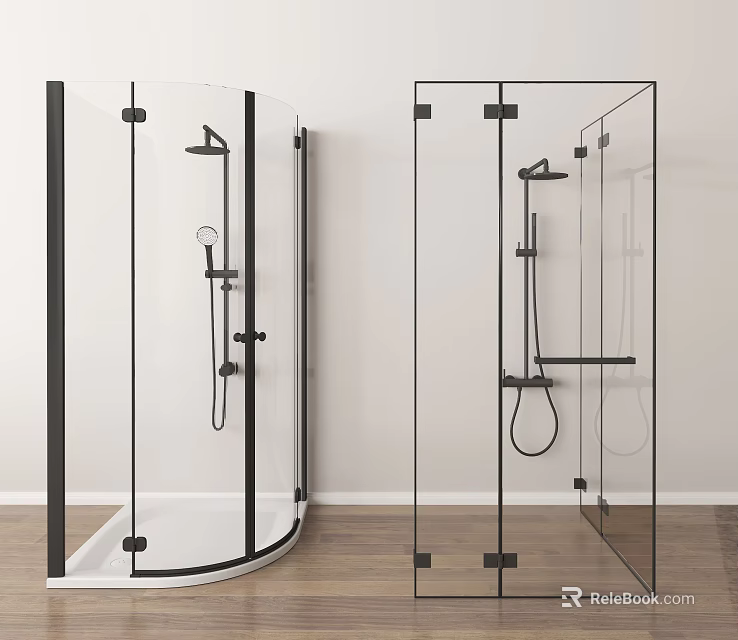 Shower System With Overhead Handheld In Modern Black Frame Glass Shower Enclosure On Wooden Floor 3d model 