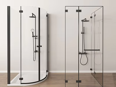 Shower System With Overhead Handheld In Modern Black Frame Glass Shower Enclosure On Wooden Floor 3d model