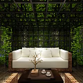 Lush Green Vines Enclosed Rattan Sofa Coffee Table Set White Cushions Wooden Floor Grid Frame