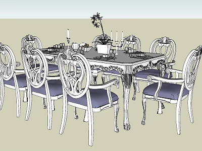 Elegant Dining Table Set With Carved Chairs Blue Cushions And Decorative Flowers 3d model
