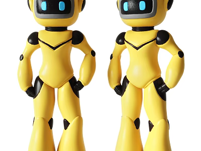 Yellow Smart Robots With Black Details And Display Screens In Standing Pose 3d model