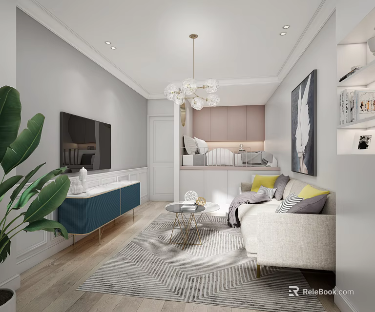 Modern Apartment Living Room With Light Sofa TV Crystal Chandelier And Large Green Plant 3d model 