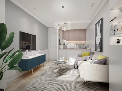 Modern Apartment Living Room With Light Sofa TV Crystal Chandelier And Large Green Plant 3d model