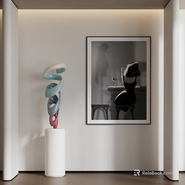 Spiral Sculpture in White Blue Red Hues on White Pedestal Near Black and White 3d model 