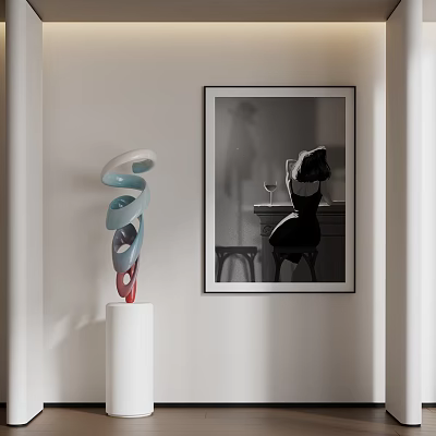 Spiral Sculpture in White Blue Red Hues on White Pedestal Near Black and White 3d model