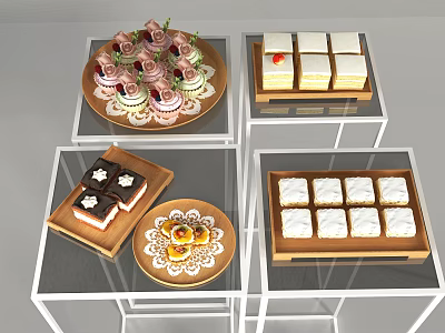 Assorted Decorated Desserts on Glass Display Stands with Cream and Fruit Toppings 3d model