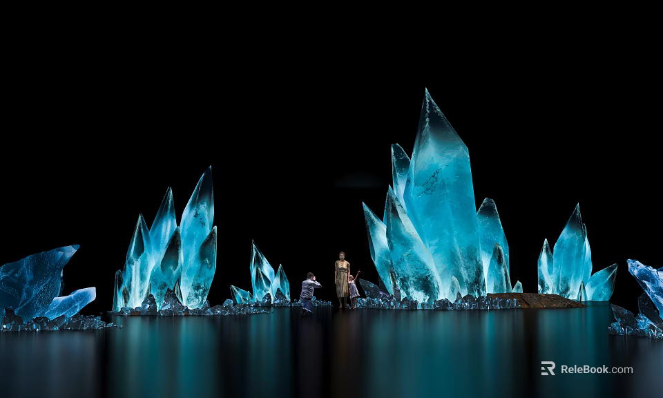 Commercial Display Equipment With Blue Transparent Ice Like Structures On Black Background And Reflective Water Surface 3d model 