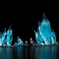 Commercial Display Equipment With Blue Transparent Ice Like Structures On Black Background And Reflective Water Surface