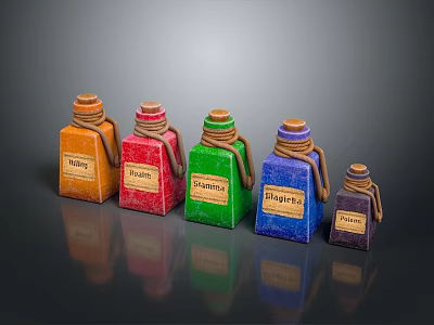 Colorful Decorative Potion Bottles with Rope Seals and Labeled Designs for Home Decor 3d model