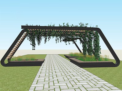 Modern Pergola Design With Wooden Frame Hanging Vines Stone Path And Green Lawn 3d model