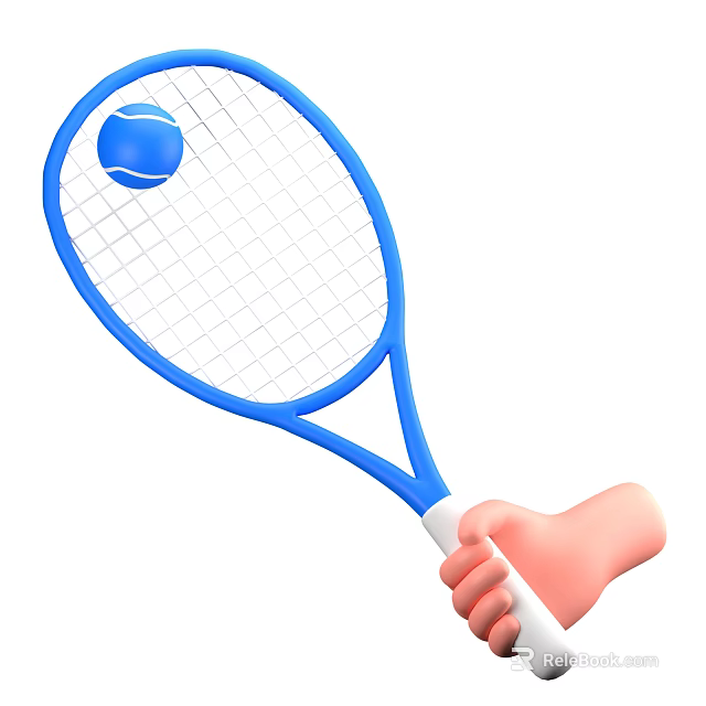 Blue Tennis Racket With Ball Being Held In Hand For Sports Equipment 3d model 