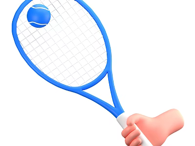 Blue Tennis Racket With Ball Being Held In Hand For Sports Equipment 3d model