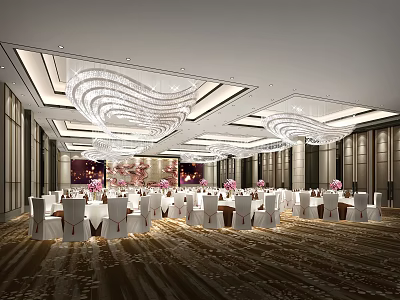 Luxurious Banquet Hall Interior Design With Elegant Chandeliers Dining Tables And Decorative Flowers 3d model