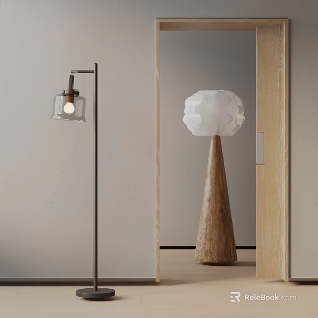 Modern Minimalist Floor Lamp With Wooden Cone Base And White Cloud Shaped Shade In Interior 3d model 