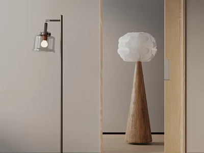 Modern Minimalist Floor Lamp With Wooden Cone Base And White Cloud Shaped Shade In Interior 3d model