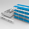 Industrial Equipment Setup with Large Machinery Blue Metal Shelves and Workbench