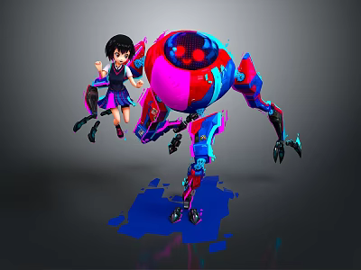 Anime Style Girl And Colorful Robot Creature With Multiple Legs Round Head And Blue Liquid 3d model
