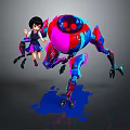 Anime Style Girl And Colorful Robot Creature With Multiple Legs Round Head And Blue Liquid