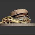 Juicy Beef Burger With Sesame Seed Bun And Crispy Fries On Wooden Plate