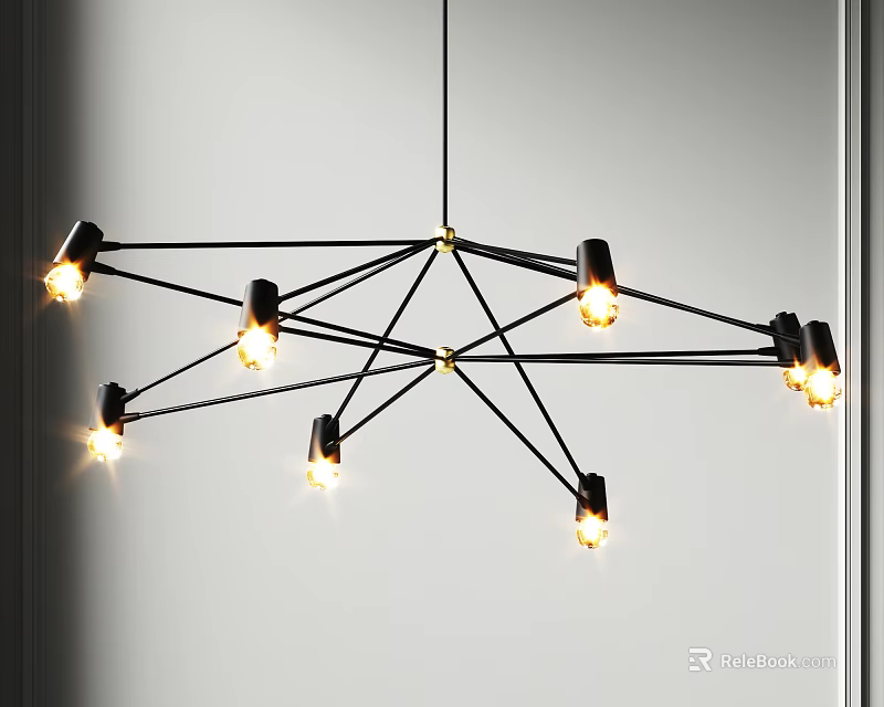 Modern Black Metal Geometric Chandelier With Branching Arms Gold Accents And Exposed Bulbs 3d model 