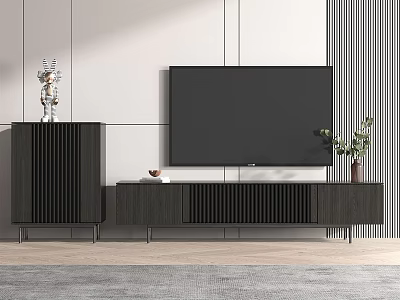 Modern TV Stand With Flat Screen TV Decorative Vase Potted Plant And Vertical Wall Design 3d model