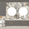 Modern Bathroom Vanity Interior With Double Round Mirrors Marble Wall And Dual Sinks 3d model