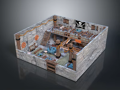 Pirate Themed Interior With Stone Walls Staircase Pirate Flag Barrels And Ropes 3d model