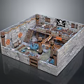 Pirate Themed Interior With Stone Walls Staircase Pirate Flag Barrels And Ropes