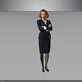 Red Haired Professional Woman In Dark Blue Suit Standing With Crossed Arms Against Gray Background