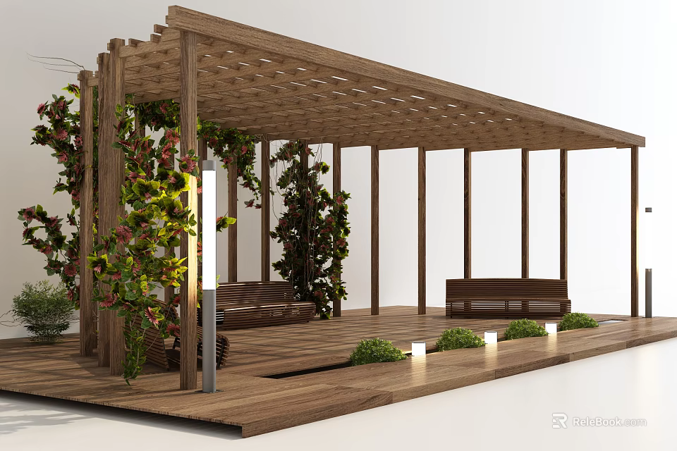 Wooden Pergola With Climbing Vines Wooden Deck Bench And Floor Lights 3d model 